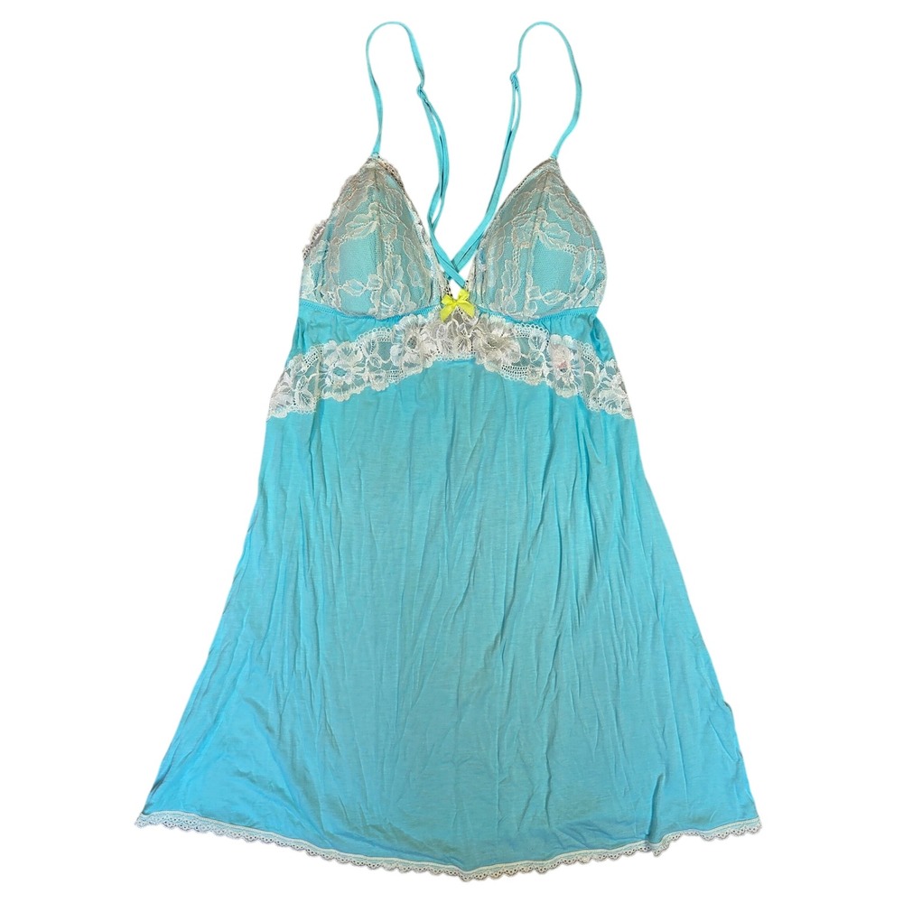 Victoria's Secret Aqua Blue Lace Trim Babydoll Chemise Nightgown Large Lounge